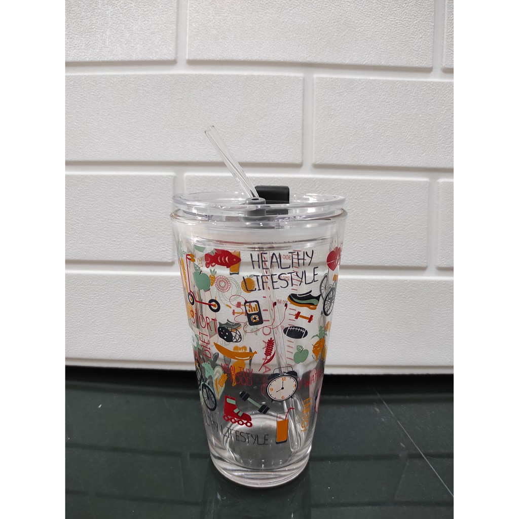 Tumbler Kaca Motif Animal Lifestyle Recipe + Sedotan Glass Ware 450ml H482