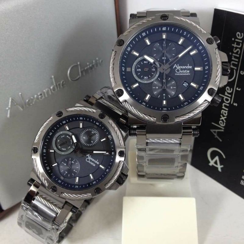 PROMO Jam Tangan Pria Wanita Couple Alexandre Christie AC 6561 ac6561 Grey Black Original 44-36mm