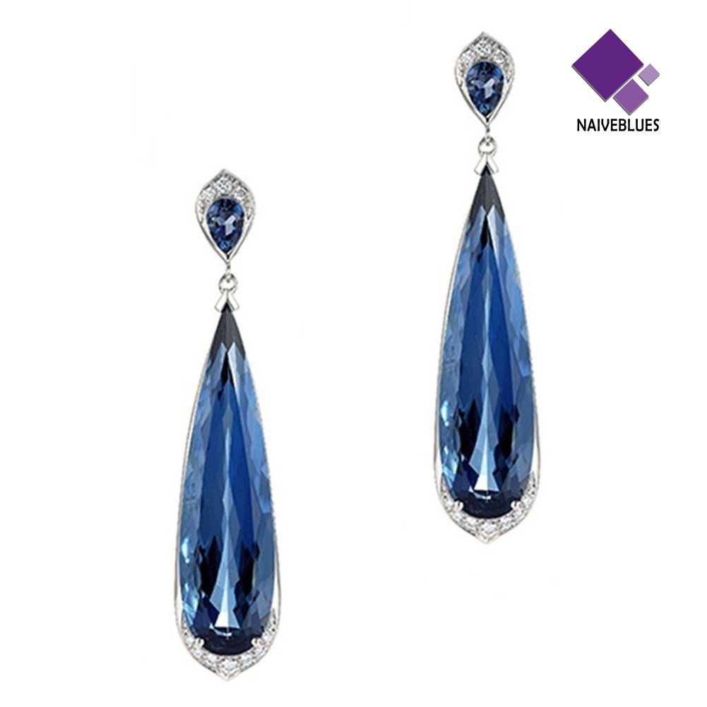 Anting Juntai Bentuk Water Drop Aksen Sapphire Gaya Elegan Untuk Wanita