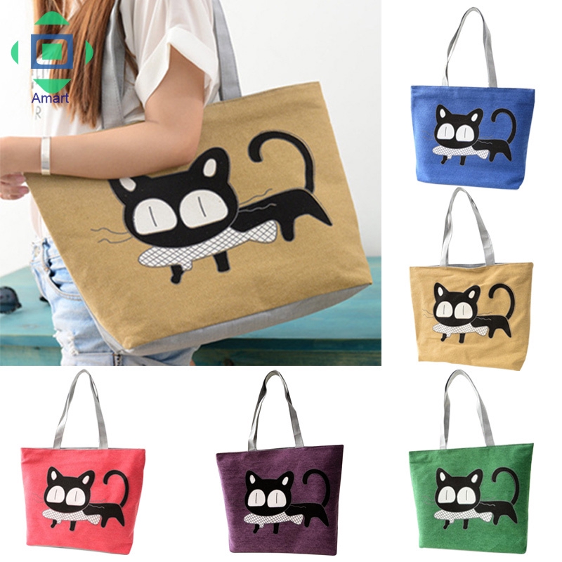 Tas Handbag Tote Wanita Bahan Kanvas Gambar Kucing Makan Ikan