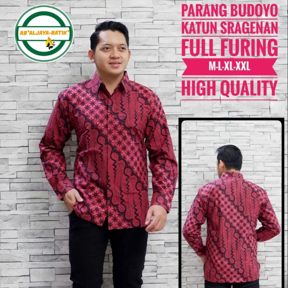 Kemeja Batik Warna Merah Batik Lengan Panjang PARANG BUDOYO PANJANG Batik Pria Lapis Furing