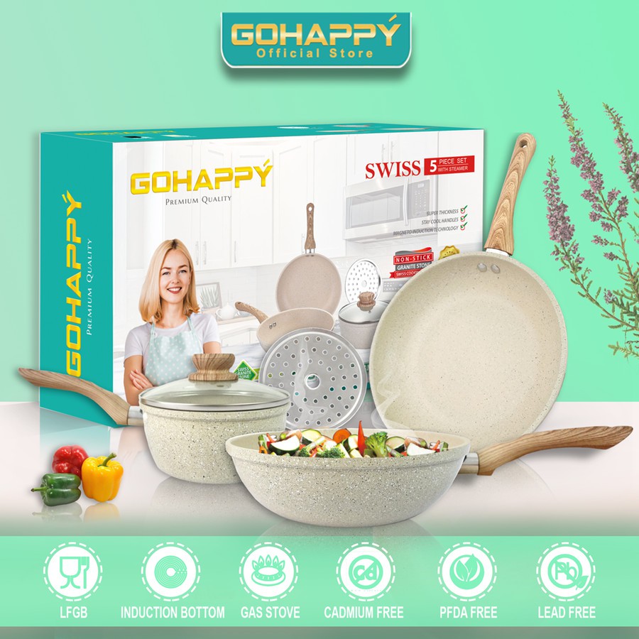 Panci Set Swiss Wok frying Milk Pan Marbel Granite tebal 5 piece Go Happy set wajan penggorengan