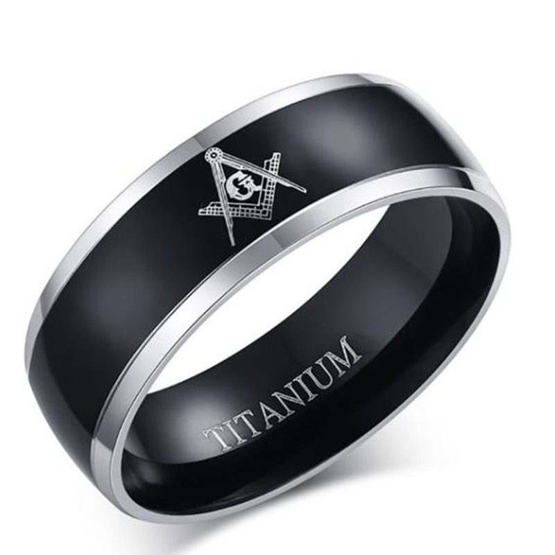 Cincin Masonic Kasual Bahan Stainless Steel Warna Hitam Ukuran 8mm Untuk Pria