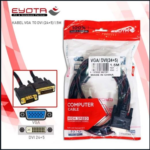 kabel dvi 24+5 to vga eyota 1.5m 1080p full Hd - Cable dvi to d-sub 15 pin 1.5 meter