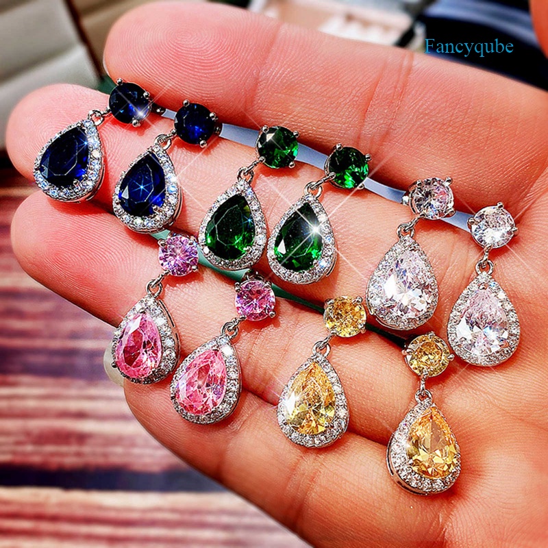 Anting Tusuk Gantung Desain Tetesan Air CZ Mewah Warna Putih / Biru / Hijau / Pink / Kuning Untuk Wanita