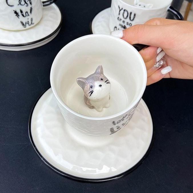 HOME DECOR Gelas Cangkir UnikMotif Kucing Keramik Cute Cat Mugs 3D - Kucing Abu