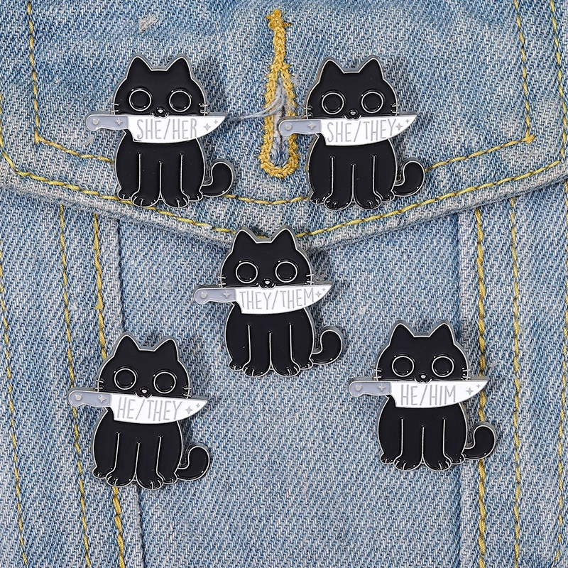 Bros Pin Desain Kucing Dagger Hitam 5 Gaya Untuk Aksesoris Pakaian