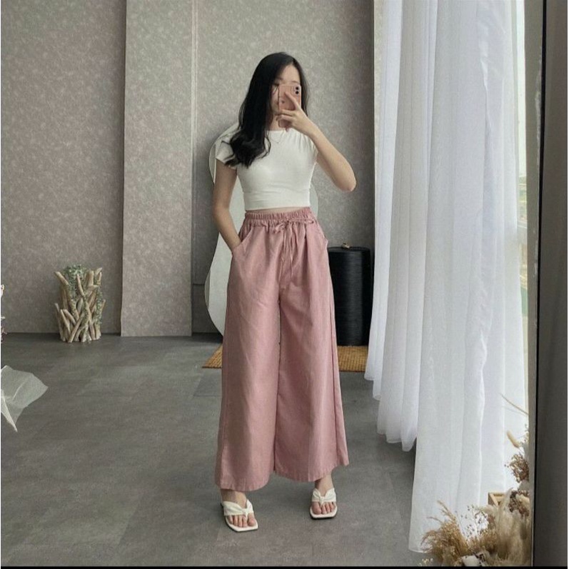 Celana kulot Linen Highwaist Pinggang Full Karet All size kulot Tali kulot Terlaris termurah