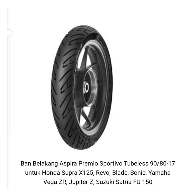 Ban Belakang Aspira Premio Sportivo Tubeless 90/80-17 untuk Honda Supra X125, Revo, Blade, Sonic