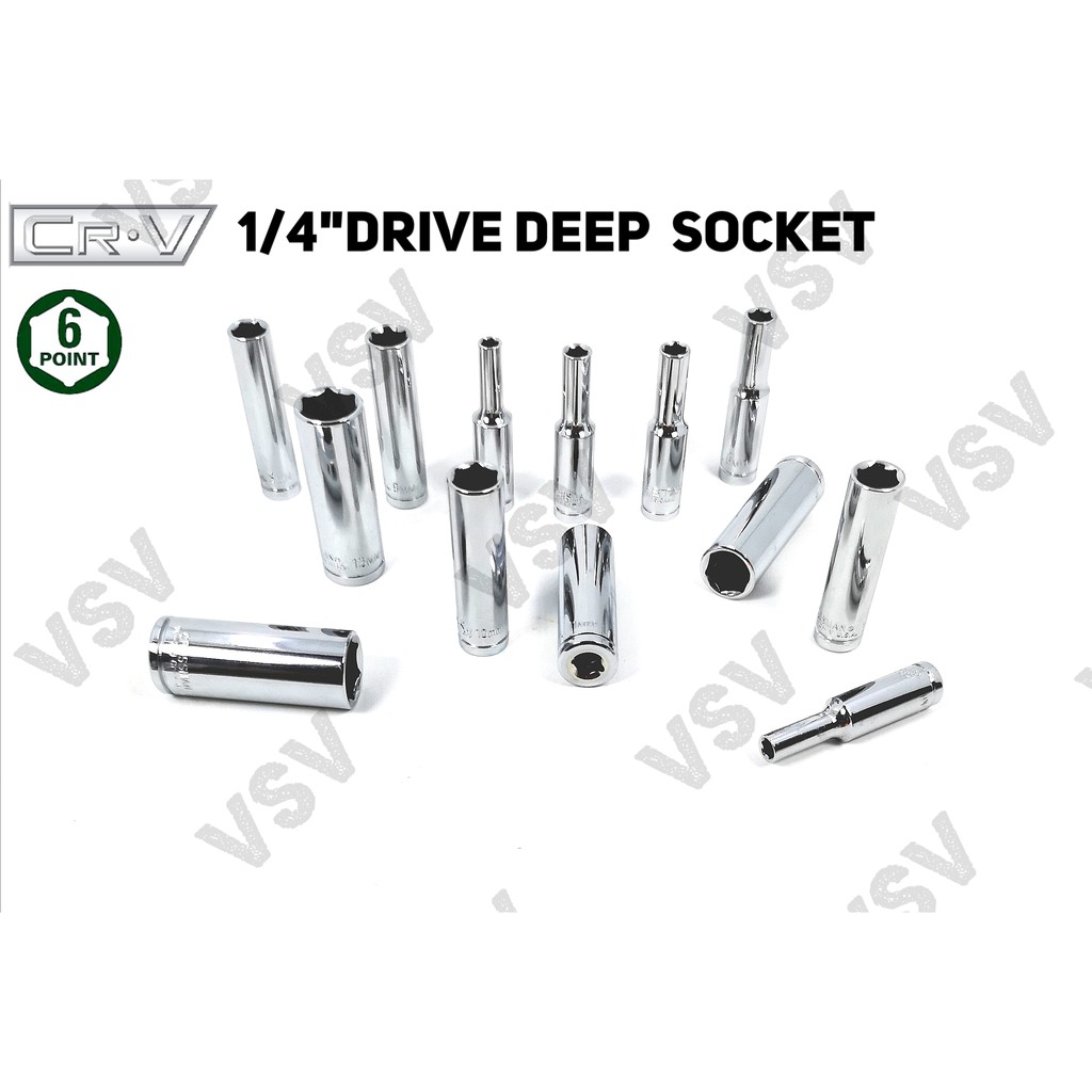 Gestar Deep Socket 1/4&quot;Drive 6PT 4, 4.5, 5, 5.5, 6, 7, 8mm Deep Shock Sok panjang