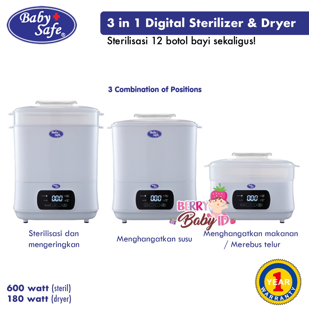 Baby Safe 3in1 Multi Electric Digital Sterilizer &amp; Dryer Steriliser Berry Mart
