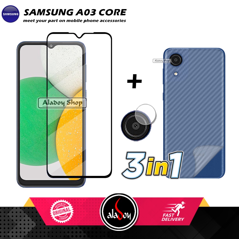 PAKET 3 IN 1 Tempered Glass Layar Samsung A03 Core Free Tempered Glass Camera dan Skin Carbon