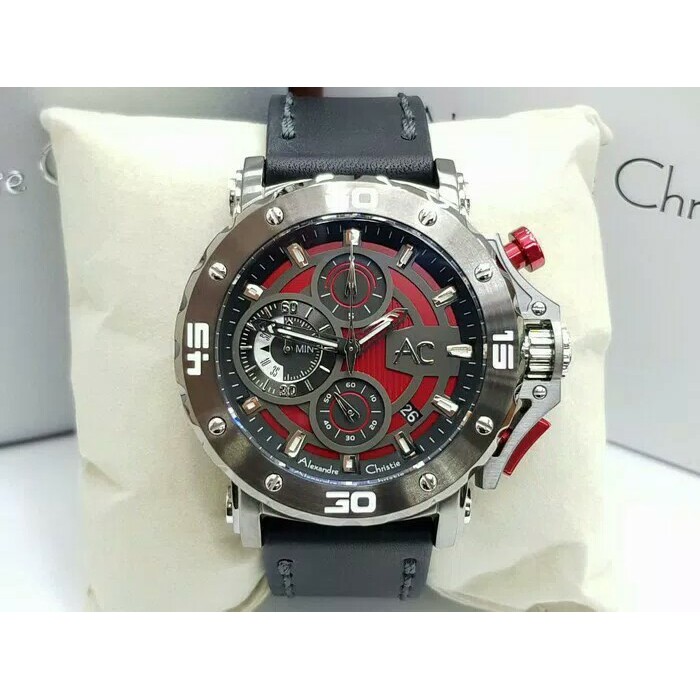 JAM TANGAN PRIA WANITA   ALEXANDRE CHRISTIE AC9205 / AC 9205 COLLECTION SILVER RED LEATHER