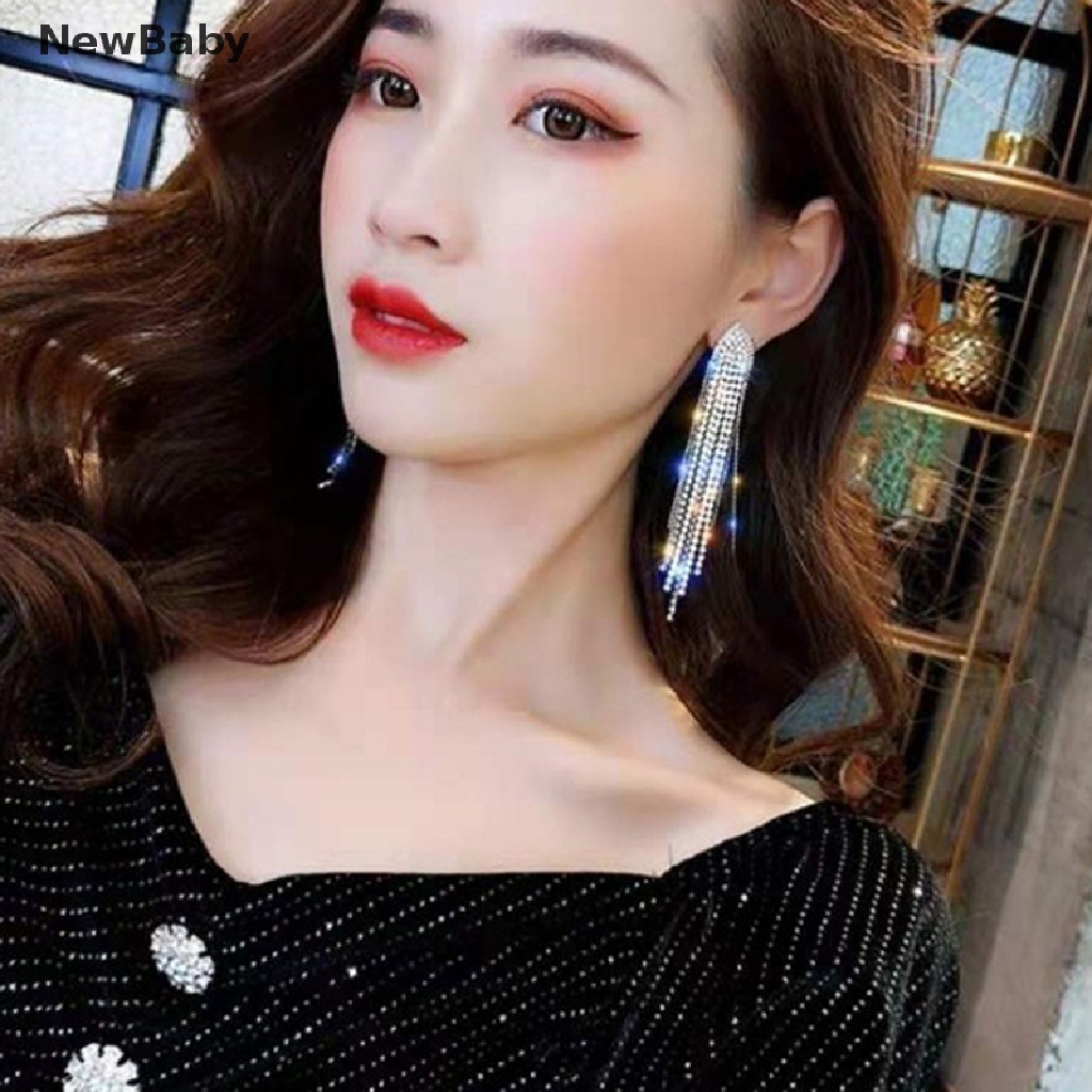 Anting Gantung Panjang Model Rumbai Berlian Imitasi Untuk Wanita