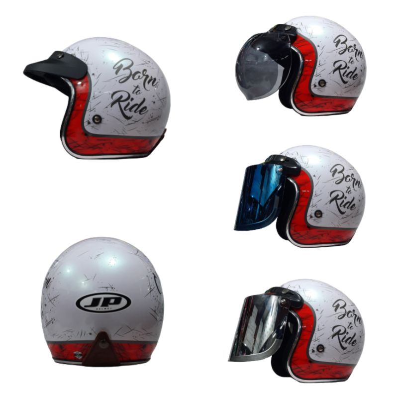 Helm JP Retro New Bigie Born To Road Putih List Chrome By JPX Helmet Original