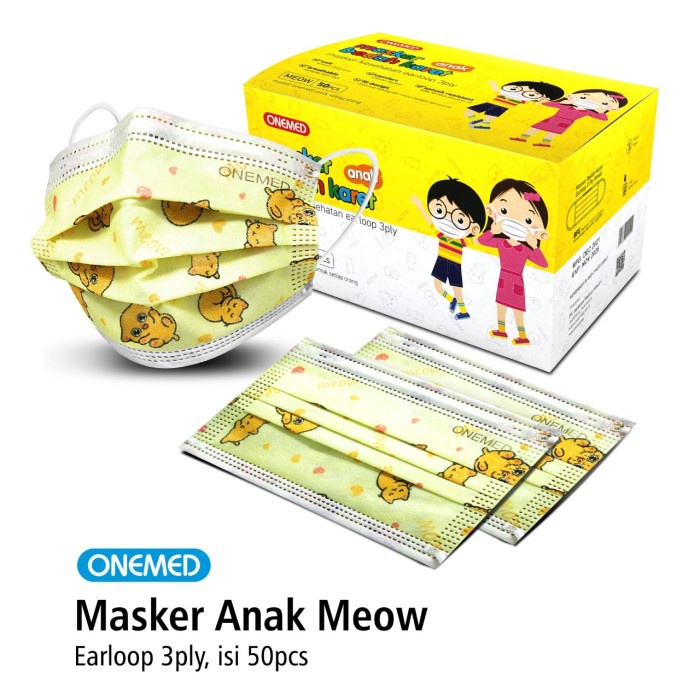 Masker Medis Karet Anak Motif Meow OneMed Box Isi 50Pcs OJB