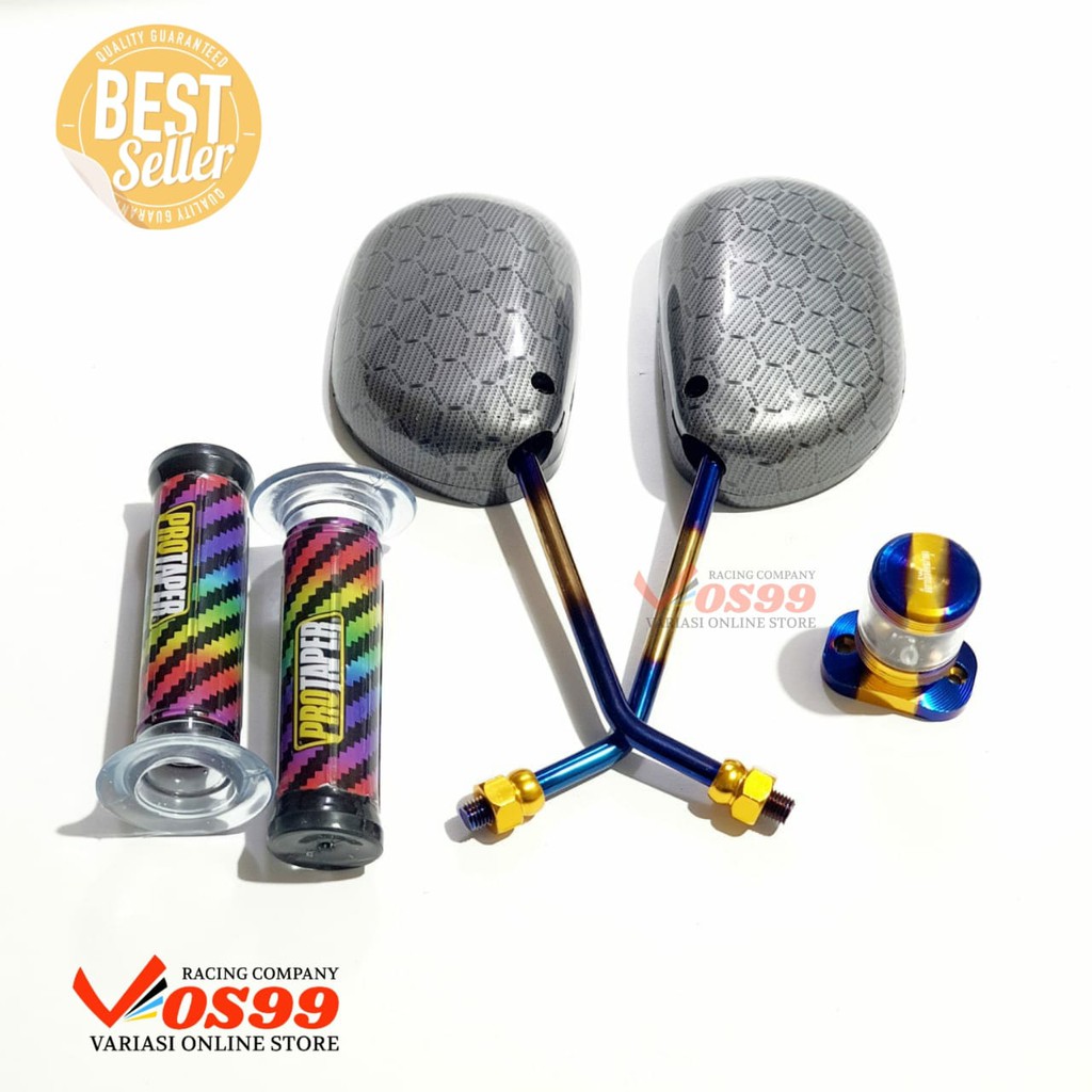 PAKET SPION MIO CARBON TANGKAI TWOTONE + GRIP PELANGI + STEMPEL KACA YAMAHA