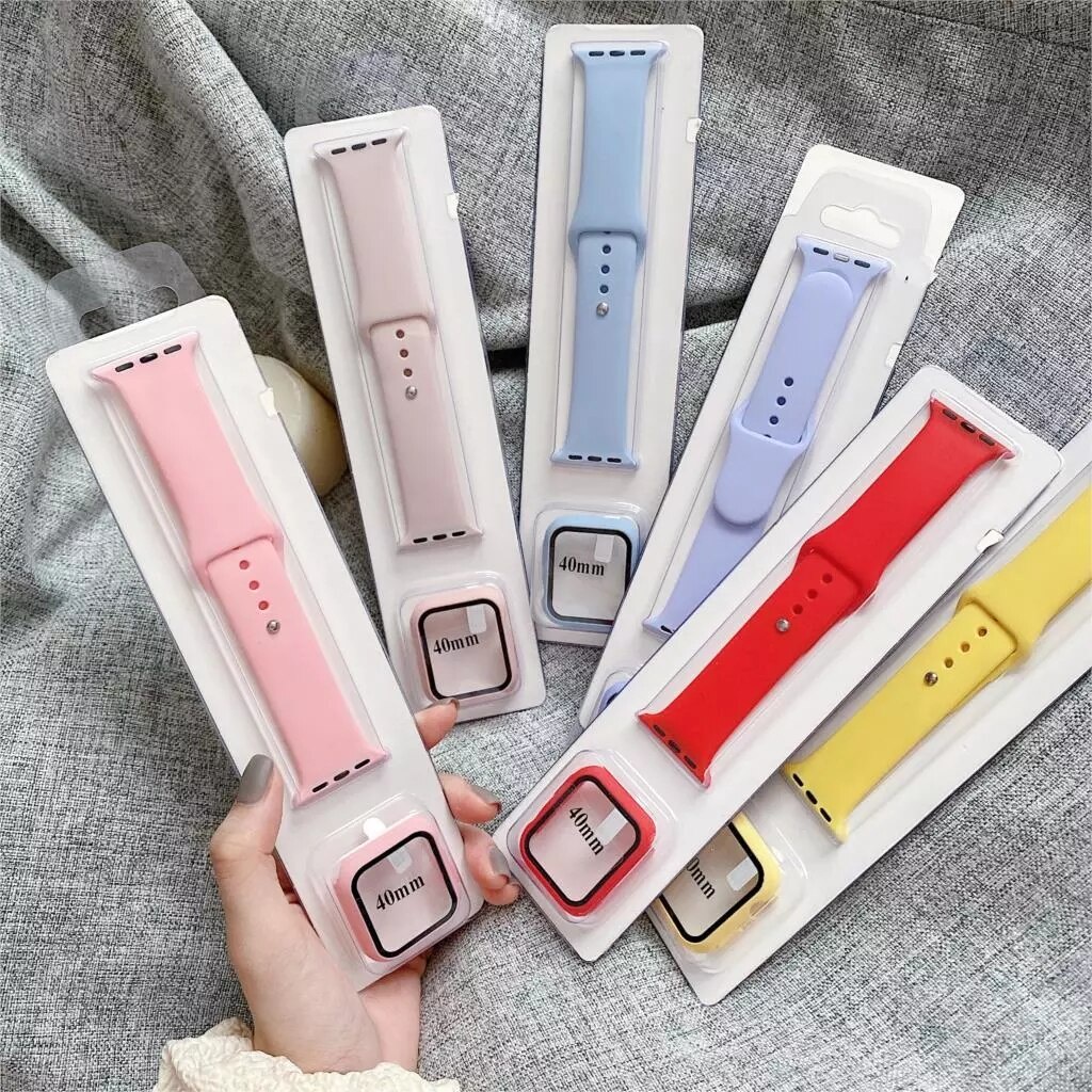 Casing PC keras dengan kaca tempered + tali silikon lembut yang kompatibel untuk Apple Watch 41/40/38/ 45/44/42mm Seri 8/7/SE/6/5/4/3/2/1
