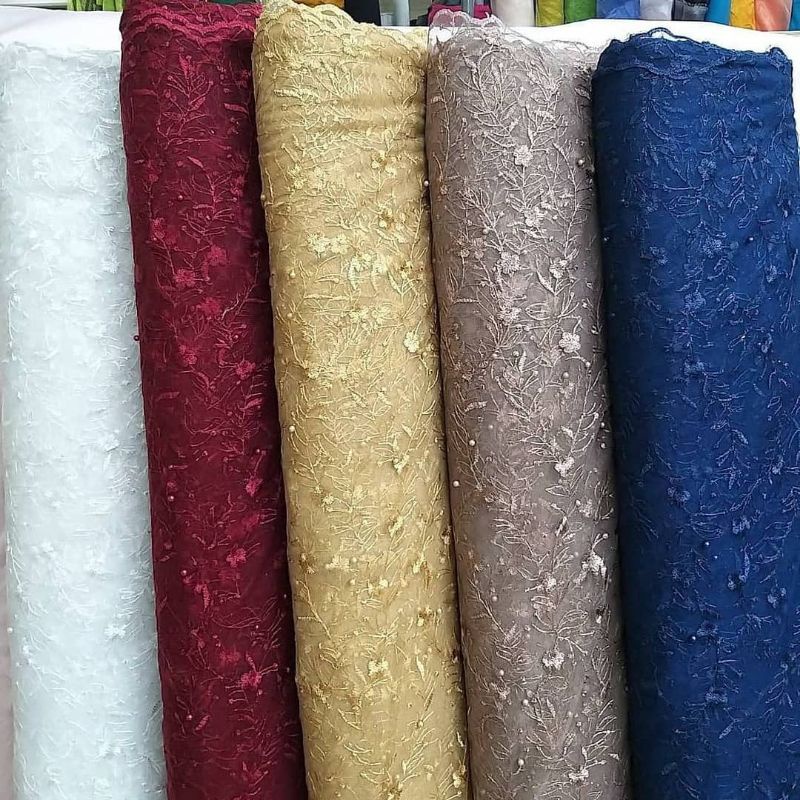 KAIN TILE MUTIARA/TILE GLITER/TULLE BORDIR MUTIARA/BAHAN BROKAT KEBAYA/BRUKAT TILE AKAR