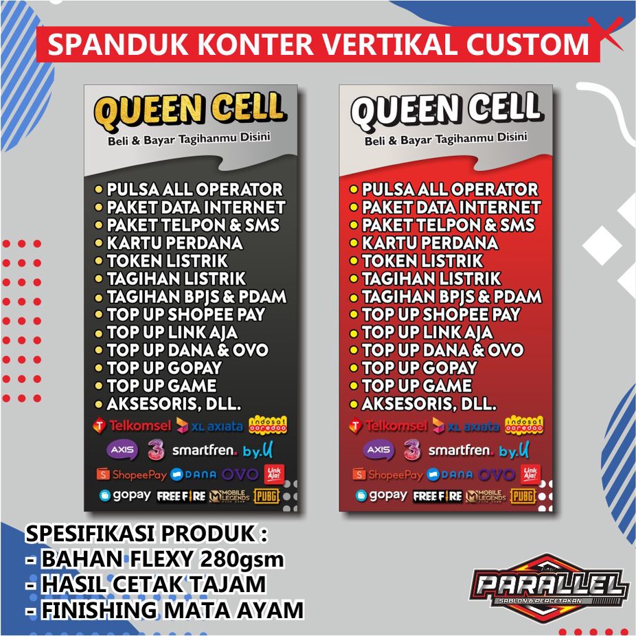 SPANDUK KONTER CUSTOM, BANNER KONTER CUSTOM, SPANDUK COUNTER PULSA CUSTOM VERTIKAL STAND