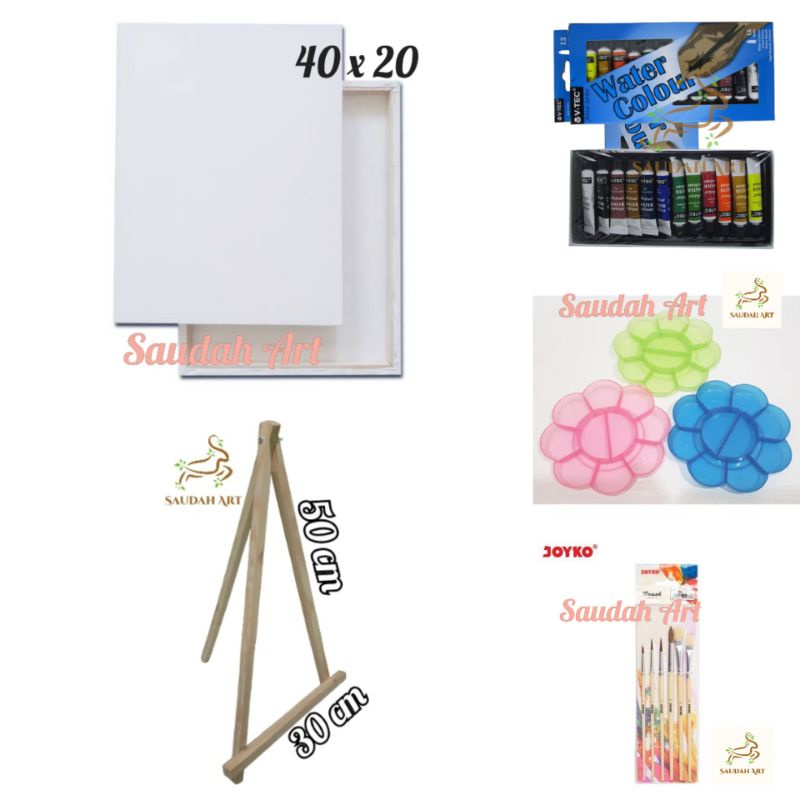 

Paket Lukis Lengkap (kanvas 20x40,kuas,palet,cat air @6ml,easel 30x50)