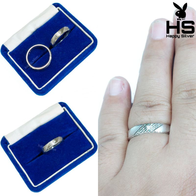 Cincin Couple Pria dan Wanita Perak Asli Silver 925 Lapis Emas Putih Model Dop Putih - Perhiasan Cin
