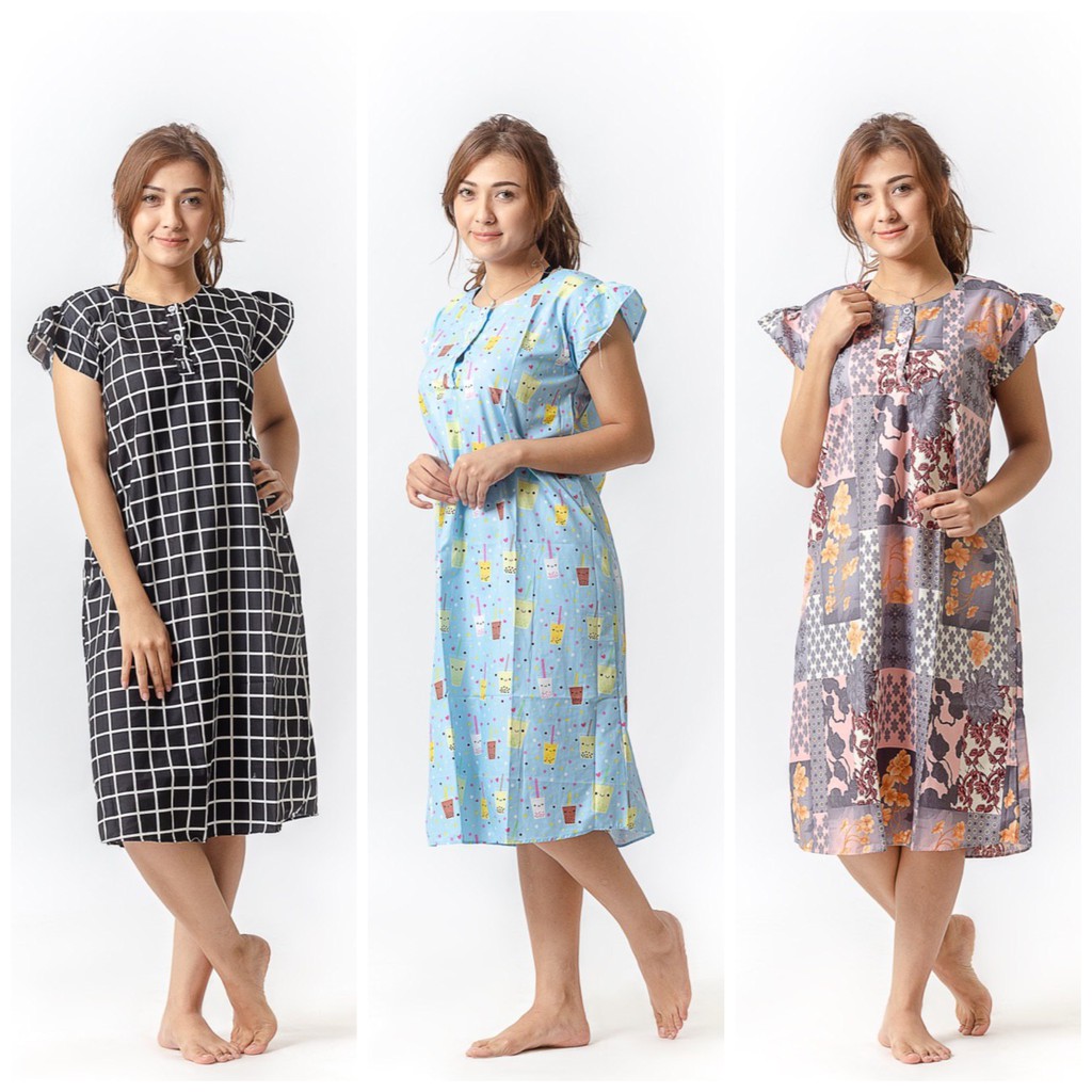 Izany Daster wanita dewasa stripe / kotak / hello kitty / doraemon