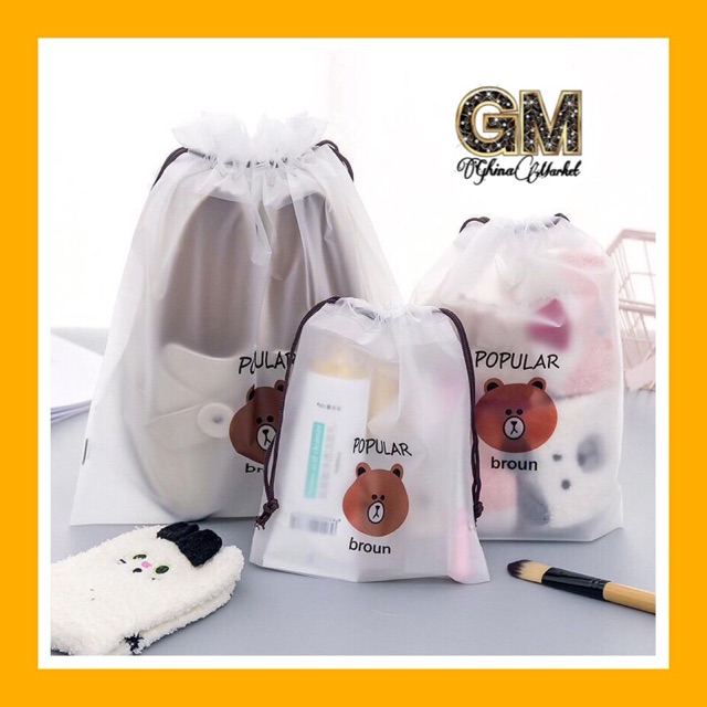 Kantong Serut Transparan Waterproof Bear Broun Popular Organizer Storage