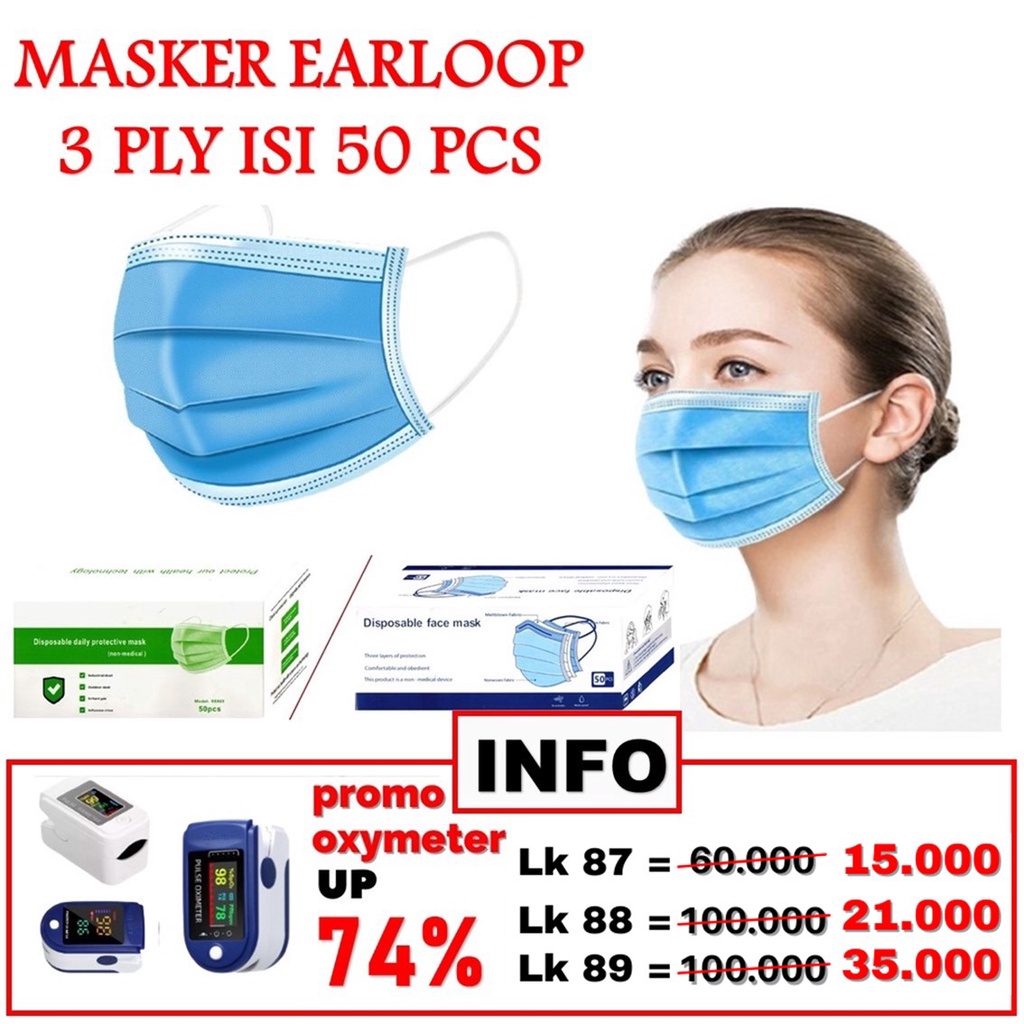 HC Masker Earloop Warna Warni 3Ply Masker Disposable 50 Pcs Facemask Kesehatan 3 Ply Kemasan Box-HC4665 BIRU