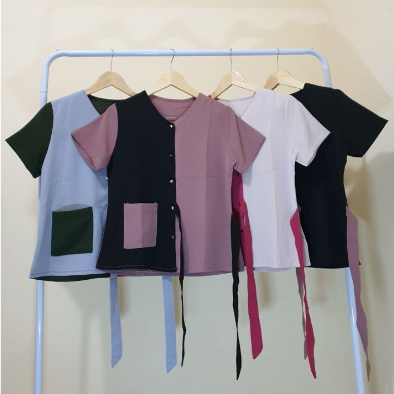 baju wanita kombinasi warna kantong tali pinggang
