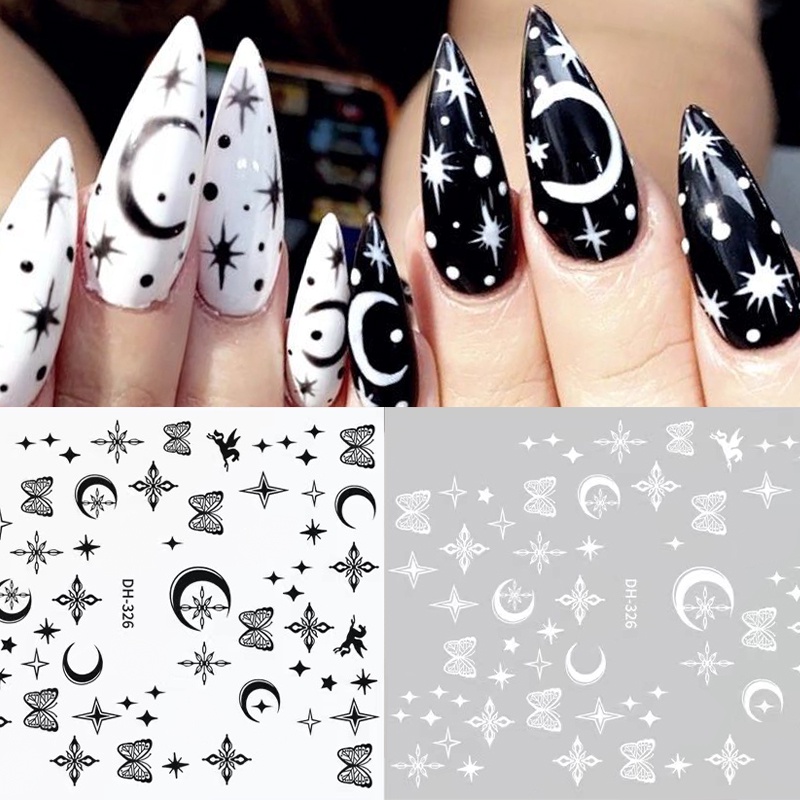 1 Lembar Stiker Kuku 3D Desain Pita Warna Hitam Putih Untuk Dekorasi Nail Art