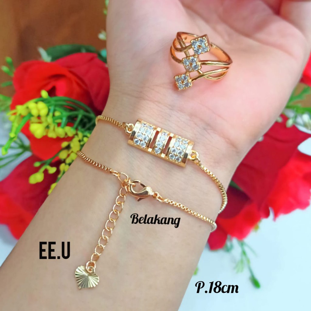 Gelang TITANIUM Rantai itali plat FREE cincin motif full permata zircon,gold tidak karat COD