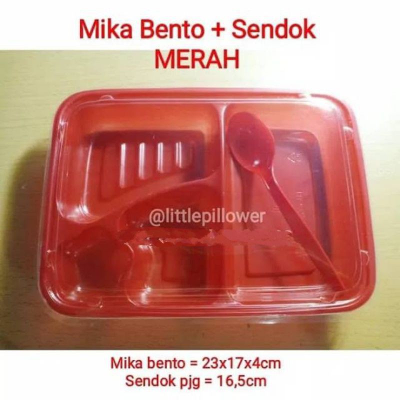 (ISI 25PCS) Mika bento plus sendok merah / Tray bento sekat dan Sendok Makan