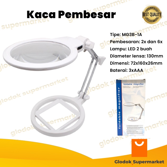 Kaca Pembesar Meja Foldable Pembesaran 2x 6x Magnifier 2 LED MG3B-1A