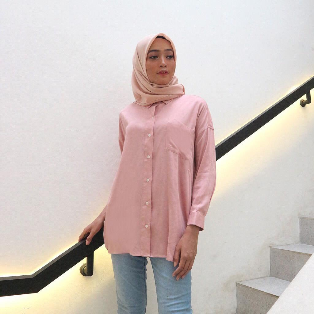 BAJU KEMEJA WANITA POLOS CASUAL HITAM WANITA LENGAN PANJANG Grosir Bajuu-Pink