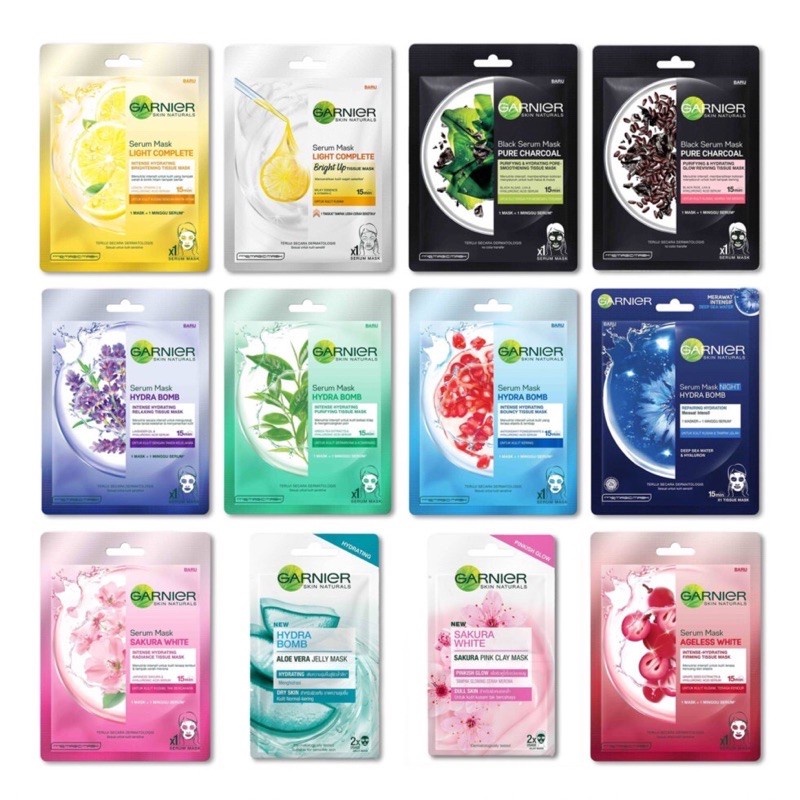 Garnier Serum Mask Sheet All Variants 100% Original Masker Sakura White Light Complete Night Bomb