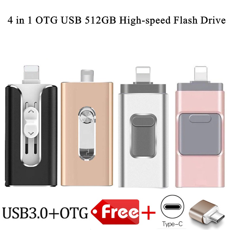 4 in 1 OTG USB Flash Drive 512GB Penyimpanan Eksternal Bahan Metal Untuk Ponsel PC