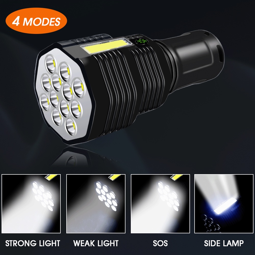 Lampu Senter 12 LED COB High Power Adjustable Tahan Lama Dengan Port Charger USB