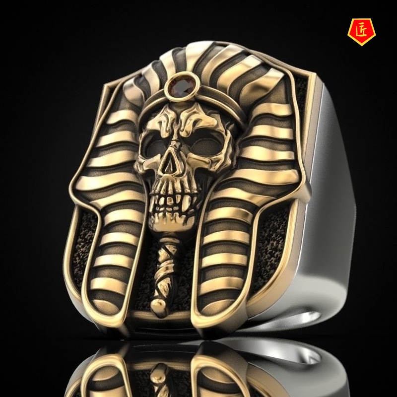 [Ready Stock]Egyptian Pharaoh Skull Gold Two-Tone Ring Exaggerated Punk