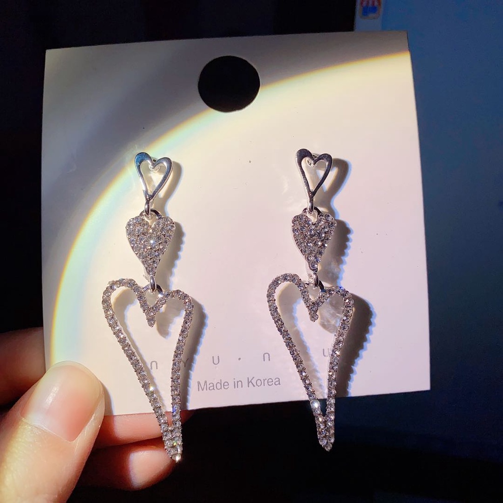 Anting Tusuk Sterling Silver 925 Desain Hati Hias Berlian Imitasi Gaya Korea Untuk Wanita