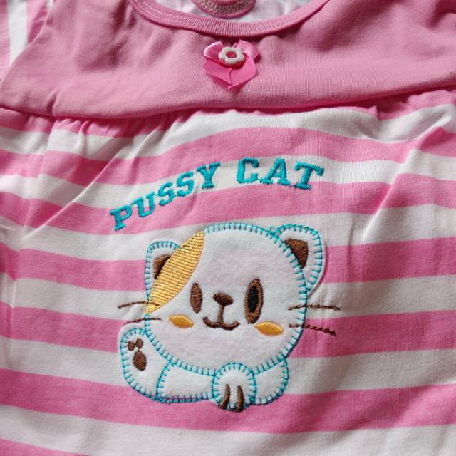 Setelan baju tidur babydoll sleepwear muslim panjang salur pussy cat / hello kitty anak perempuan cewek katun bordir