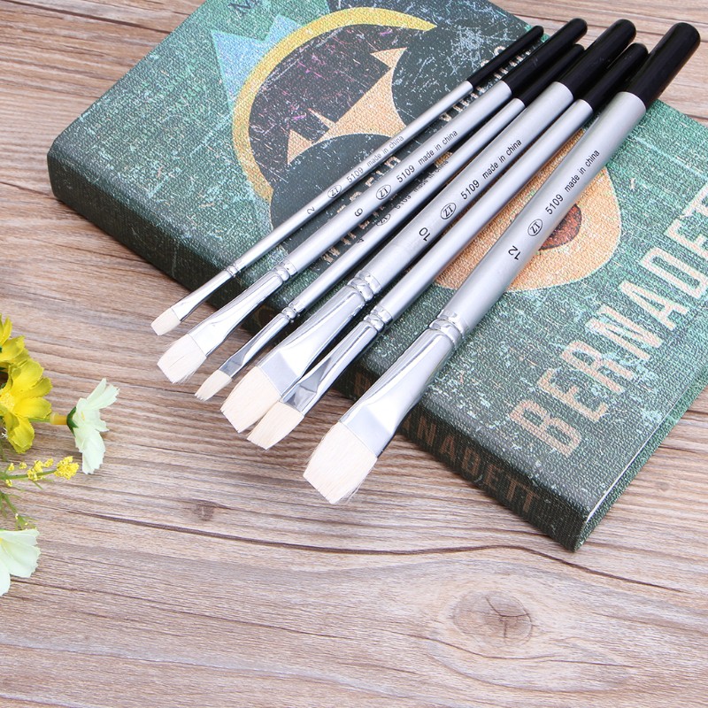 

Ongkir Gratis ya 6Pcs Flat Head goat hair brush Watercolor Gouache Acrylic Oil Artist Painting qiang