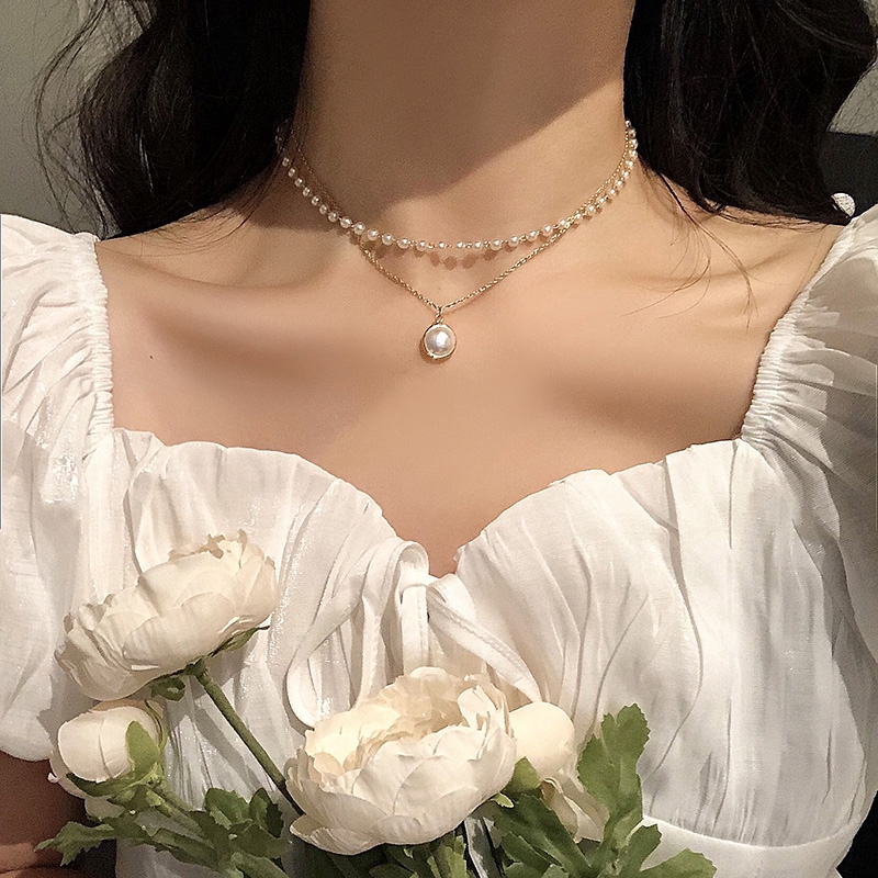 Kalung Choker Rantai Tulang Selangka Hias Mutiara Ganda Gaya Retro Korea Untuk Wanita