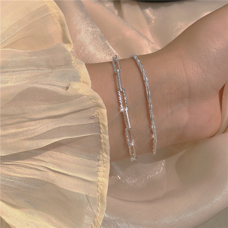 AY(CN) 2pcs / Set Gelang Rantai Lapis Ganda Warna Silver Gaya Korea Untuk Wanita