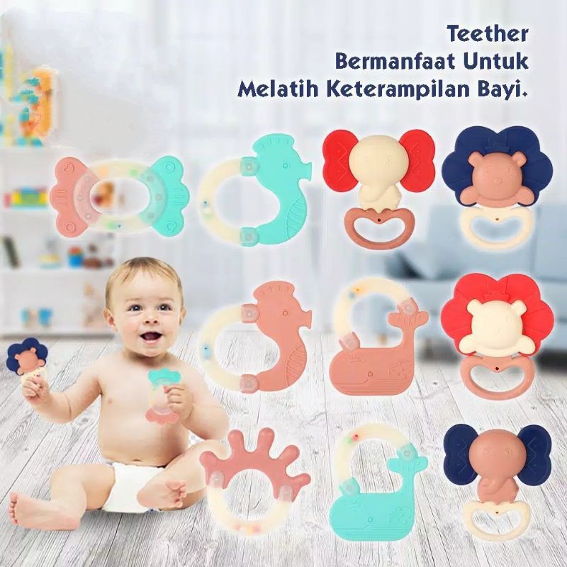 Mainan Bayi Edukasi Baby Rattle Shaking Bell Toy Teether Silikon Plastik