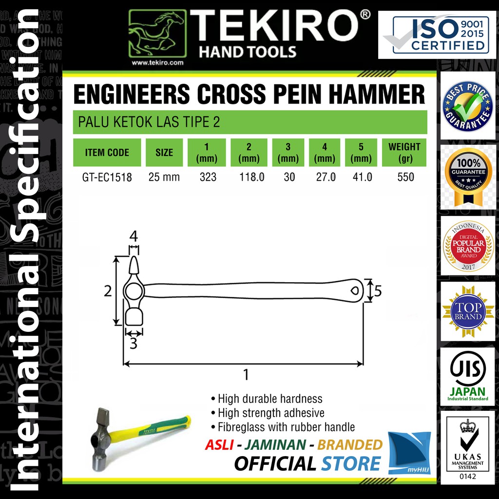 Palu Ketok Las 20 ~ 25 mm / Engineers Cross Pein Hammer Godam Martil Pukul Besi TEKIRO-25 mm