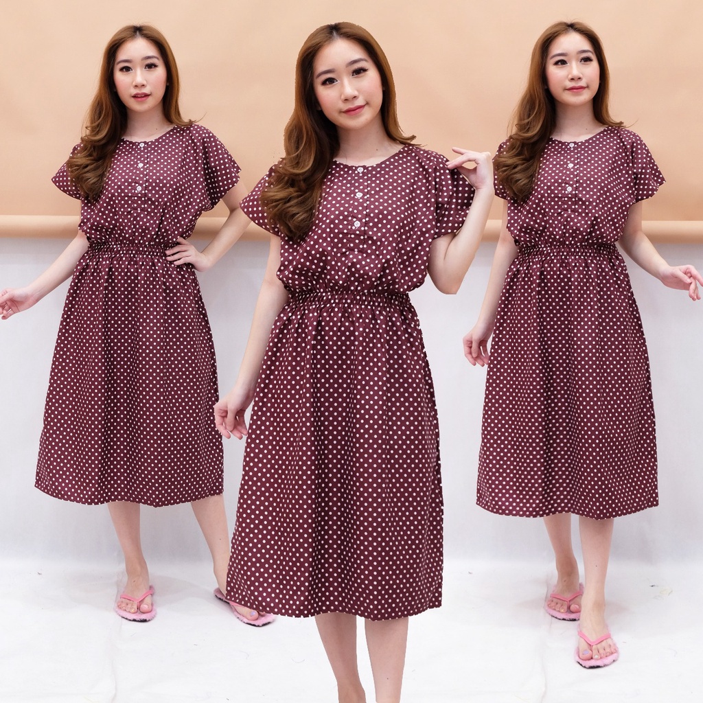 DASTER MANOHARA LD 115 CM KANCING 3 KARAKTER BAJU TIDUR HALUS TEBEL BUSUI BUMIL MODEL KEKINIAN-MNH POLKA MARUN