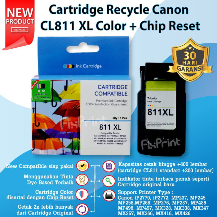 Cartridge Tinta Recycle CL811 XL CL811XL 811XL Refill Compatible Printer Canon iP2770 MP237 MP287