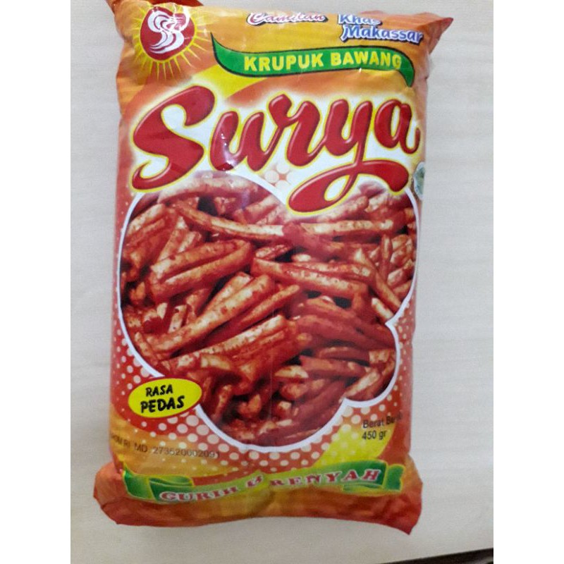 

Krupuk bawang pedas 450 gram cap Surya dari kota Makassar