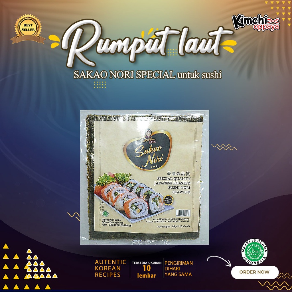 

Sakao Nori Sushi Spesial 10 Set Sushi Roasted Rumput Laut Halal Mui